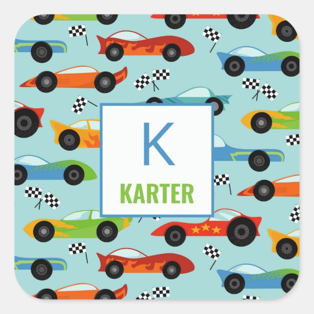 Cool Race Cars Personalized Kids School Daycare Square Sticker (Front)