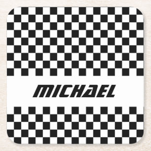 Cool Racing Black and White Chequered Flag Name Square Paper Coaster