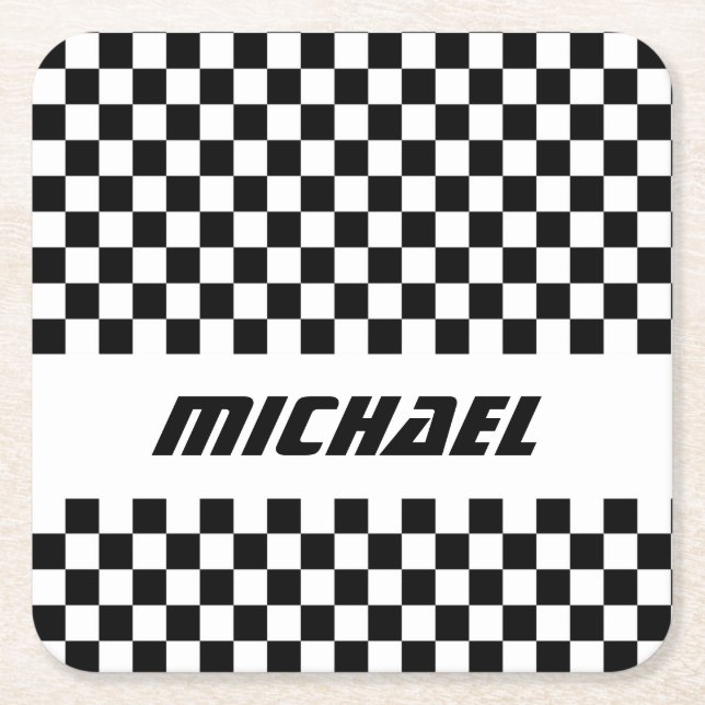 Cool Racing Black and White Chequered Flag Name Square Paper Coaster (Front)