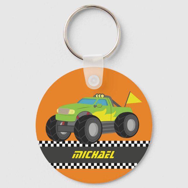 Cool Racing Green Monster Truck for Racer Boys Keychain (Front)