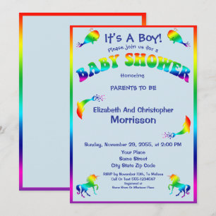 Cool Rainbow Boy Baby Shower With Cute Animals Invitation
