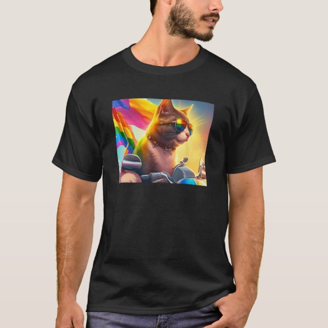 Cool Rainbow Cat LGBT Sunglasses Bisexual Funny Ki T-Shirt (Front)