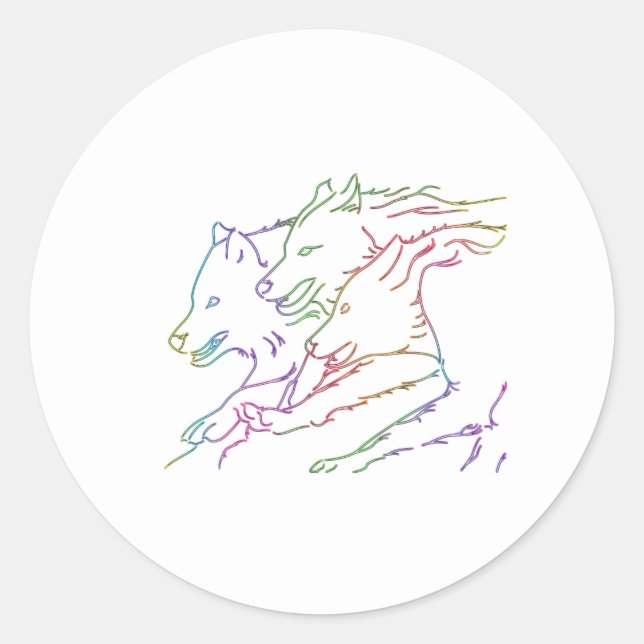 Cool Rainbow Glowing Luminescent Running Wolves Classic Round Sticker (Front)
