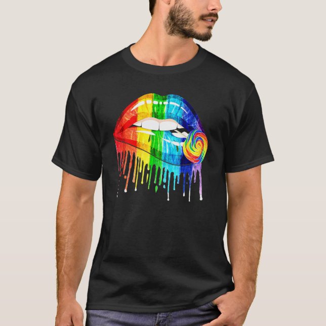Cool Rainbow Lips Biting Candy  Lgbt Les Gay Pride T-Shirt (Front)