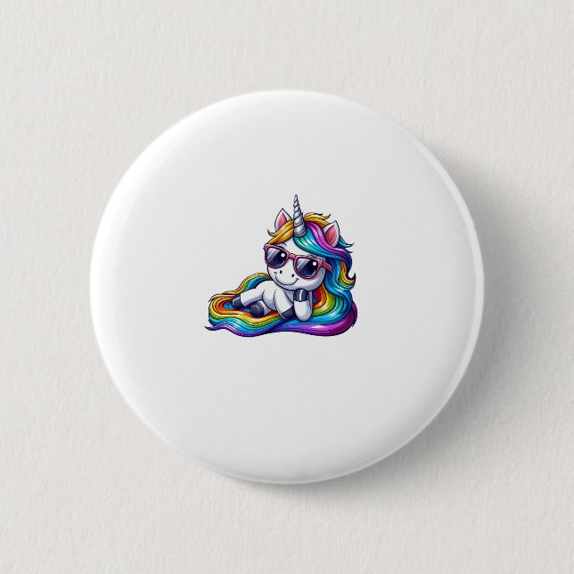 Cool Rainbow Unicorn with Sunglasses Relaxing Long 2 Inch Round Button (Front)