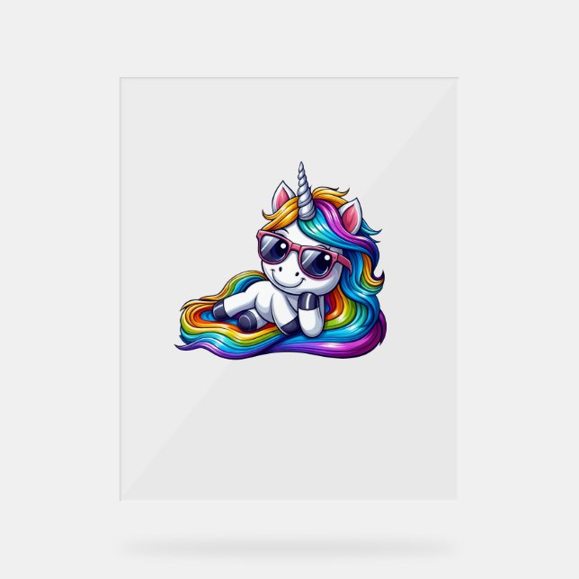 Cool Rainbow Unicorn with Sunglasses Relaxing Long Acrylic Sign (Front)
