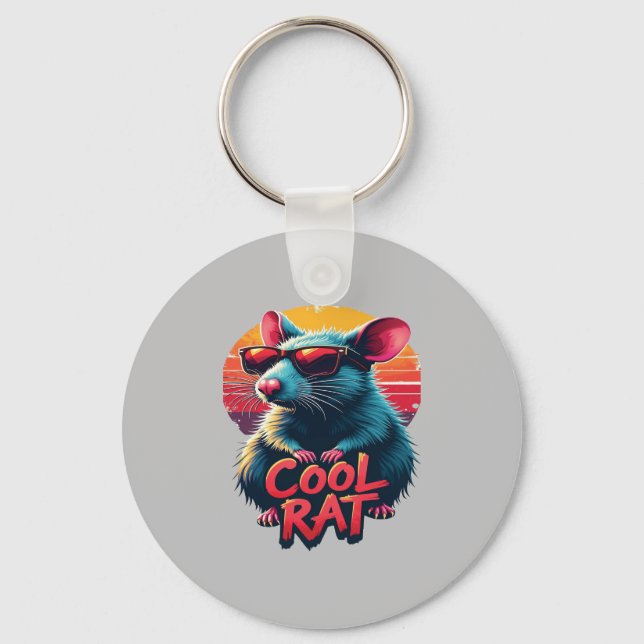 Cool Rat with Sunglasses Retro Sunset Design Keychain (Front)