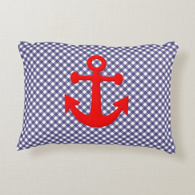 Cool Red Anchor on Chequered gingham Pattern Accent Pillow (Back)
