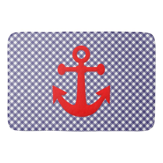 Cool Red Anchor on Chequered gingham Pattern Bath Mat (Front)
