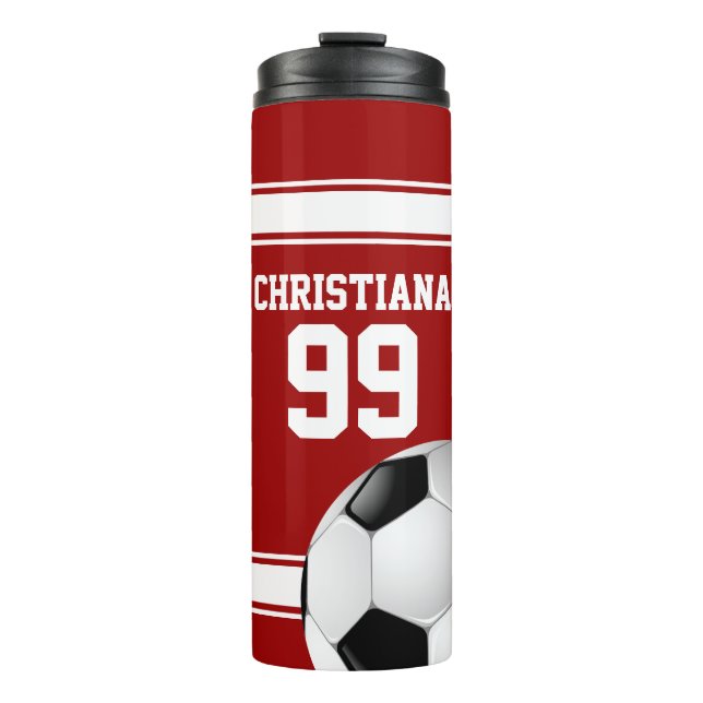 Cool Red and White Stripes Jersey Soccer Ball Thermal Tumbler (Front)