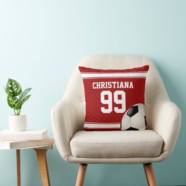 Cool Red and White Stripes Jersey Soccer Ball Throw Pillow (Chair)