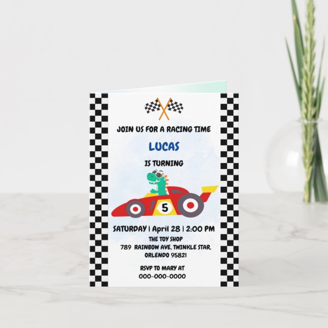 Cool Red Race car boy Fun Dinosaur Birthday party Invitation (Front)