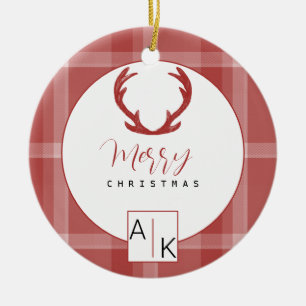 Cool Red Tartan Monogram Ceramic Ornament