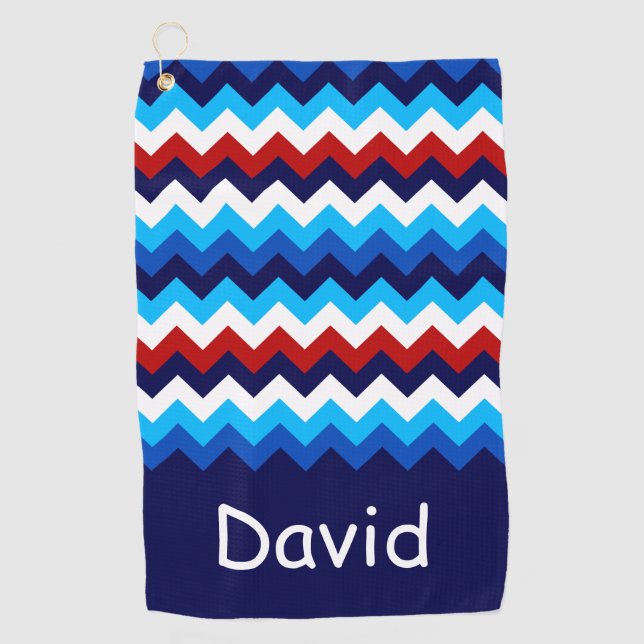 Cool Red White Blue Chevrons Monogram Golf Towel (Front)