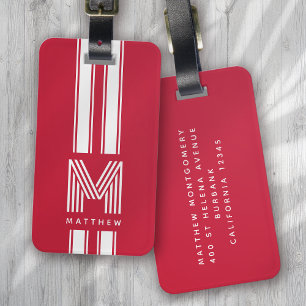 Cool Red White Racer Stripe Monogram Luggage Tag