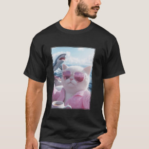 Cool Relaxed Cat on a Yacht Boat with Shark Funny  T-Shirt