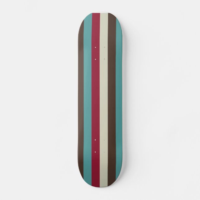 Cool Retro 70s Stripes Brown Aqua Red Cream Skateboard (Front)