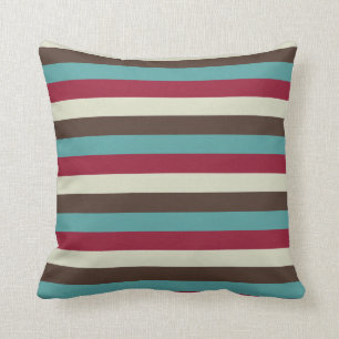 Cool Retro 70s Stripes Brown Aqua Red Cream Throw Pillow