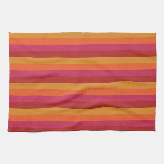 Cool Retro 70s Stripes Orange Red Pink Gold Kitchen Towel (Horizontal)