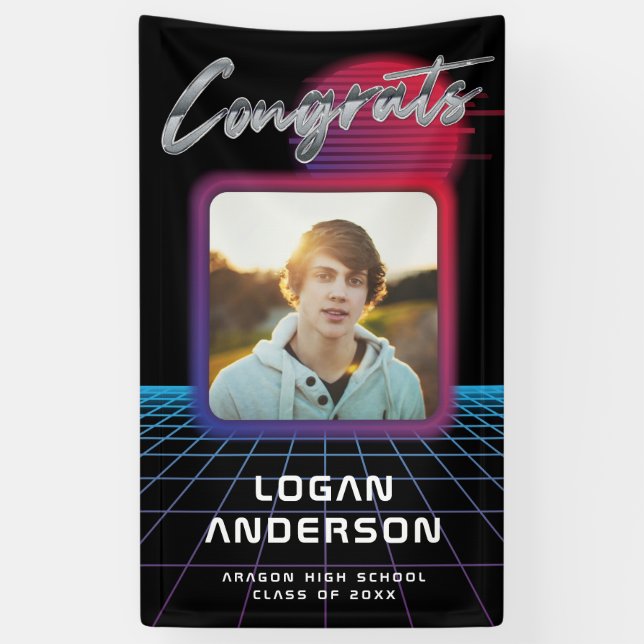 Cool Retro 80's Synthwave New Wave Grad Party Banner (Vertical)