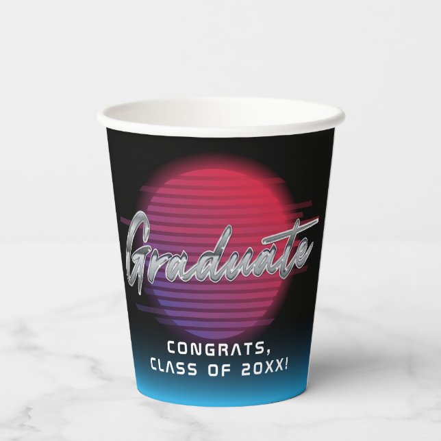 Cool Retro 80's Synthwave New Wave Grad Party Paper Cups (Back)