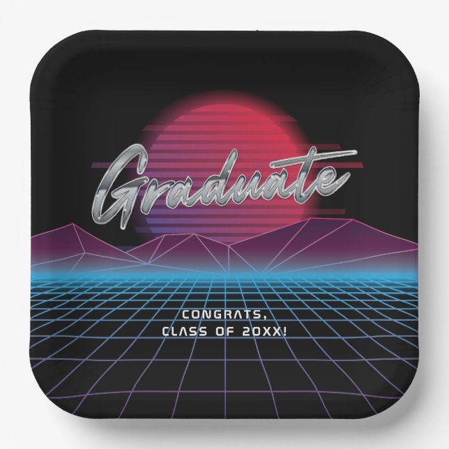 Cool Retro 80's Synthwave New Wave Grad Party Paper Plate (Front)