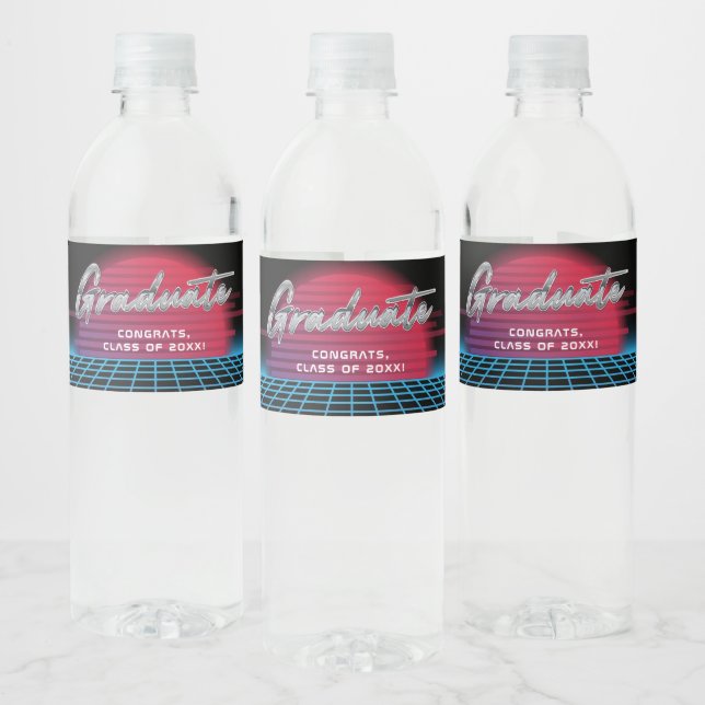 Cool Retro 80's Synthwave New Wave Grad Party Water Bottle Label (Bottles)