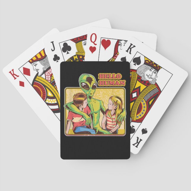 Cool Retro Alien ET Hello Humans Outer Space Galax Playing Cards (Back)