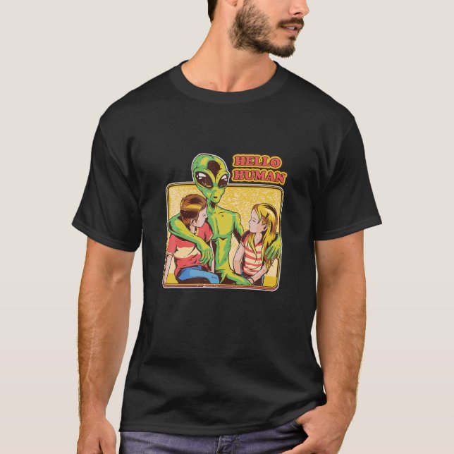 Cool Retro Alien ET Hello Humans Outer Space Galax T-Shirt (Front)