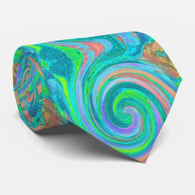 Cool Retro Aquamarine and Coral Liquid Art Swirl Tie (Rolled)