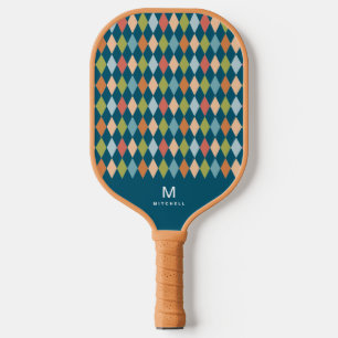 Cool Retro Argyle Diamonds Teal Monogram  Pickleball Paddle