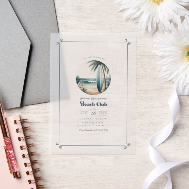 Cool Retro Beach Club Birthday Party Vellum Invitations (Wedding)