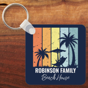 Cool Retro Beach House Custom Navy Blue Keychain