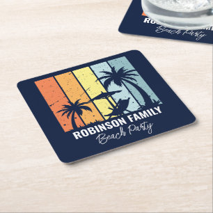 Cool Retro Beach Party Custom Navy Blue Square Paper Coaster