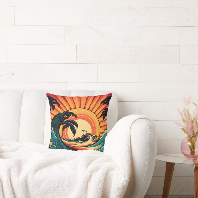Cool retro beach scene  throw pillow (Couch)
