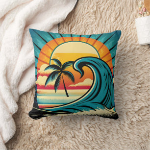 Cool retro beach scene  throw pillow
