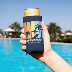 Cool Retro Beach Vacation Custom Navy Blue Seltzer Can Cooler
