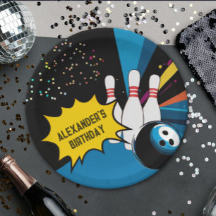Cool Retro Blue Black Bowling Pin Birthday Party  Paper Plate