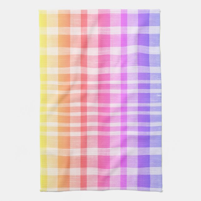 Cool Retro Blue Yellow Pink Textured Plaid Pattern Kitchen Towel (Vertical)