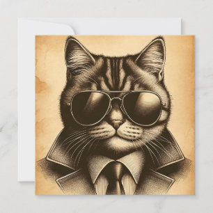 Cool Retro Cat in Aviator Sunglasses, Sepia Card