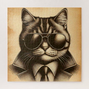 Cool Retro Cat in Aviator Sunglasses, Sepia Jigsaw Puzzle