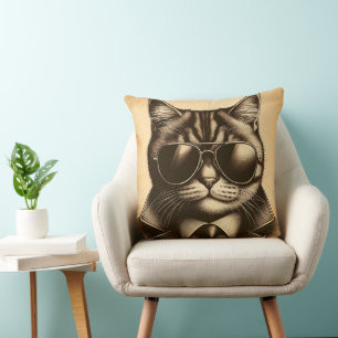 Cool Retro Cat in Aviator Sunglasses, Sepia Throw Pillow