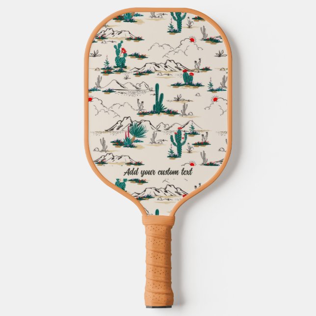 Cool Retro Desert Mountain Cactus Custom Text Pickleball Paddle (Front)