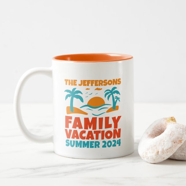 Cool Retro Family Reunion Beach Vacation Holiday Two-Tone Coffee Mug (With Donut)