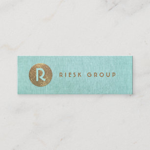Cool Retro Gold Monogram Modern Aqua Blue Mini Business Card