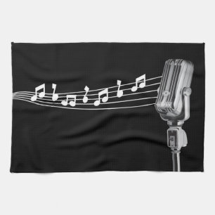 Cool Retro Mic & Musical Notes Black Kitchen Towel
