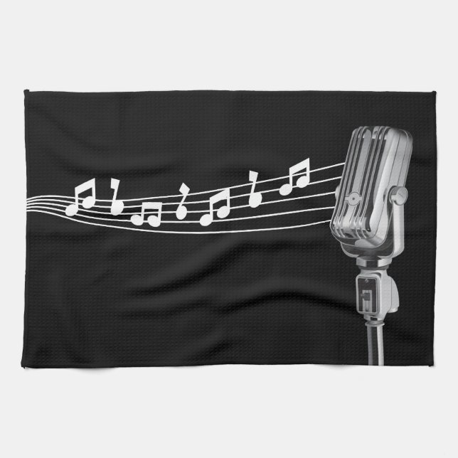 Cool Retro Mic & Musical Notes Black Kitchen Towel (Horizontal)