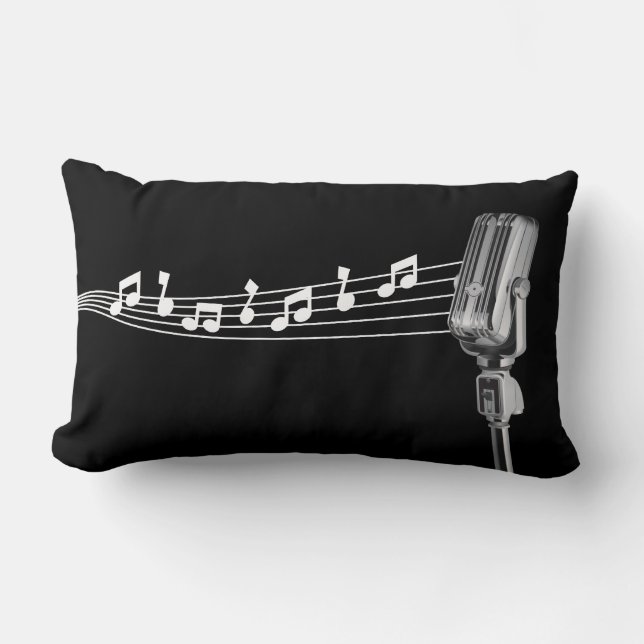 Cool Retro Mic & Musical Notes Black Lumbar Pillow (Front)