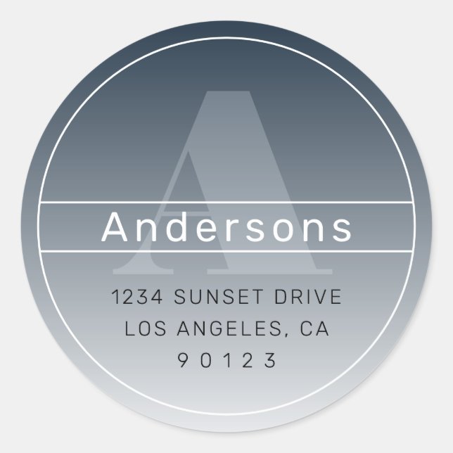 Cool Retro-Modern Address Blue Grey Ombre Classic Round Sticker (Front)