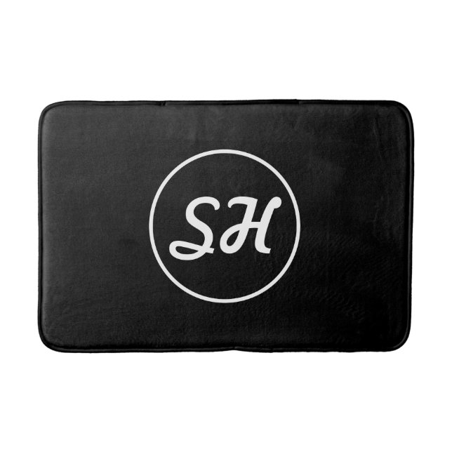 Cool Retro-Modern Style Monogram | Black & White Bath Mat (Front)